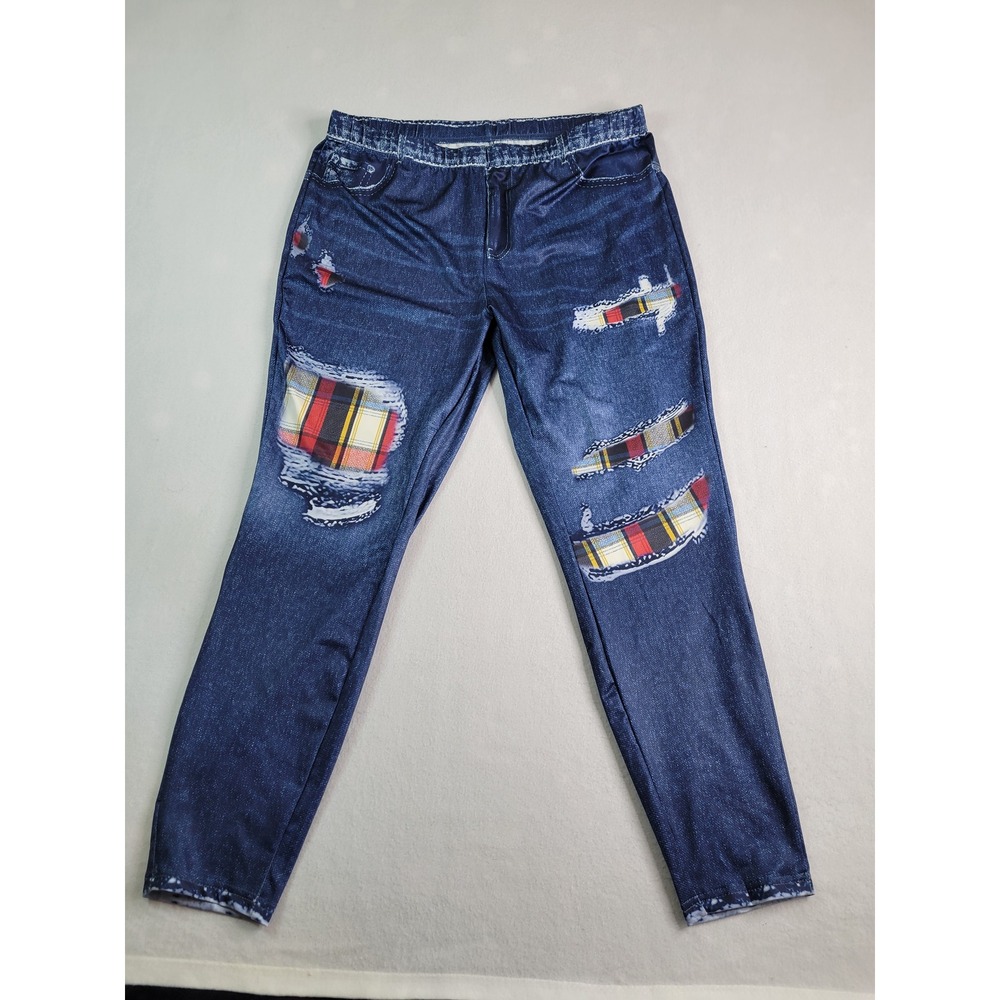 Womens Plaid Patchwork Faux‎ Denim Print Leggings Blue Distressed Graphic 2XL